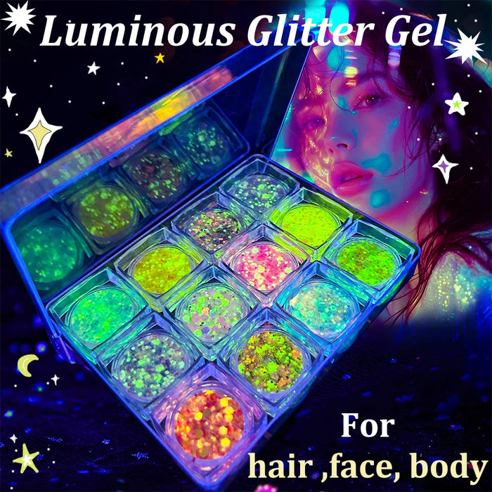 Luminous Glitter Gel Face Body Art Makeup UV Glow in The Dark Waterproof Long Lasting for Party Rave Festival Cosmetic Tool