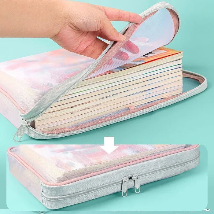 Sac de rangement pour papeterie A4, double couche, en maille, avec fermeture éclair, grande capacité, pour dossiers, fournitures scolaires et de bureau