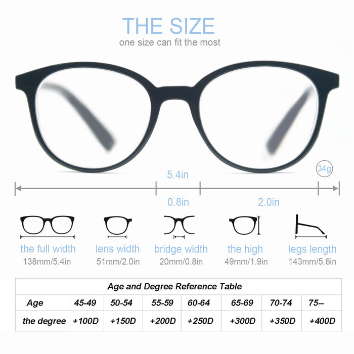 Round Reading Glasses Women Readers Eyeglasses Classic Frame Flexble Plastic Spring Hinge Lightweight Wear with Diopter +1.0~4.0