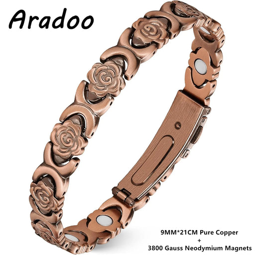 ARADOO Rose Design Bracelets en Cuivre Pur pour Femmes avec Bracelets Magnétiques en Néodyme de 3800 Gauss Bijoux Cadeaux