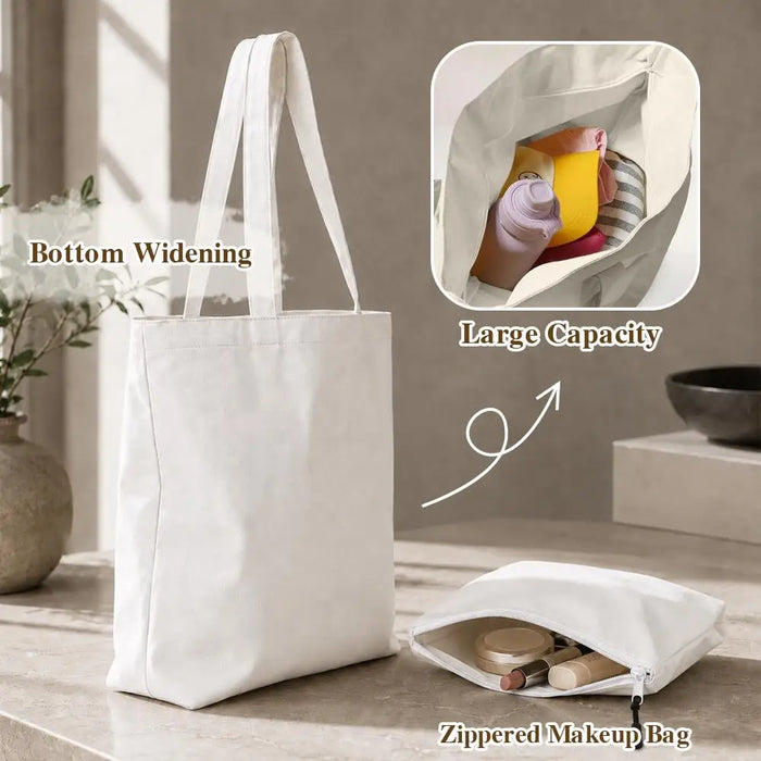 Fashion M-Mary Quant Storage Bags 2-Piece Canvas Tote Bag Set with Zipper Pouch Large Capacity Shopping Travel Bag