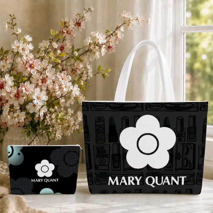 Fashion M-Mary Quant Storage Bags 2-Piece Canvas Tote Bag Set with Zipper Pouch Large Capacity Shopping Travel Bag