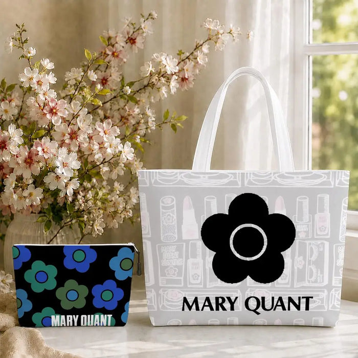 Fashion M-Mary Quant Storage Bags 2-Piece Canvas Tote Bag Set with Zipper Pouch Large Capacity Shopping Travel Bag