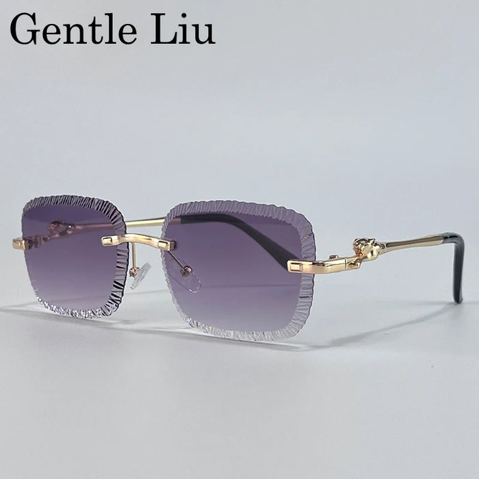 Rimless Square Sunglasses Men 2026 Luxury Brand Cut Edge Eyewear Trendy Leopard Head Sunglass For Male Punk Metal Frame Shades