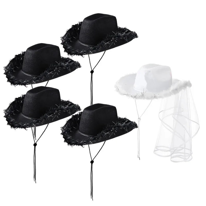 Lot de 5-12 Chapeaux de cow-girl/cowboy pour enterrement de vie de jeune fille, mariage, avec bandana en strass et lunettes en forme de cœur pour une dernière soirée disco