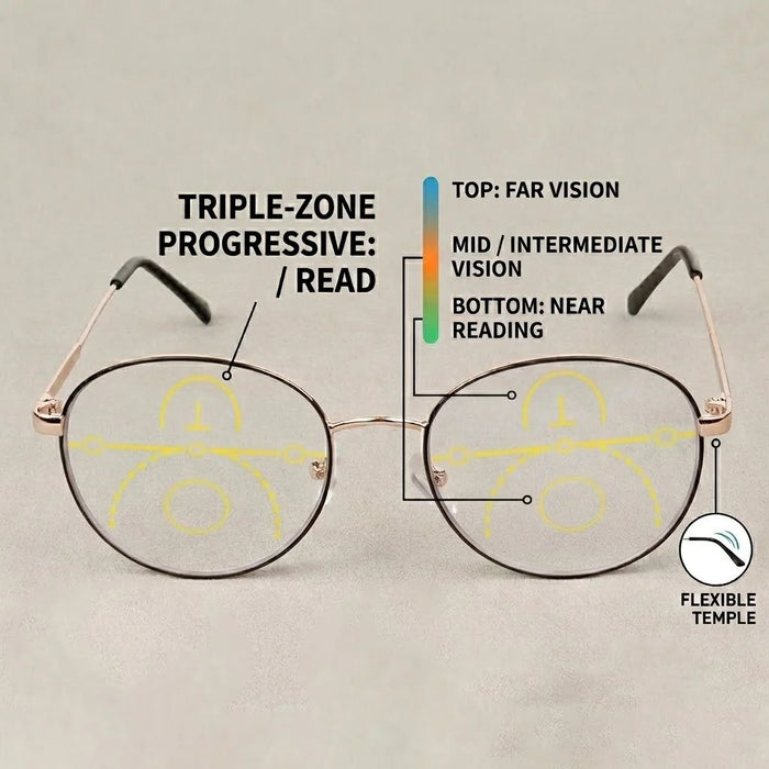 Progressive Multifocal Reading Glasses for Women Men Fashion Round Metal Frame Triple Zone Presbyopic Eyeglasses Computer Reader