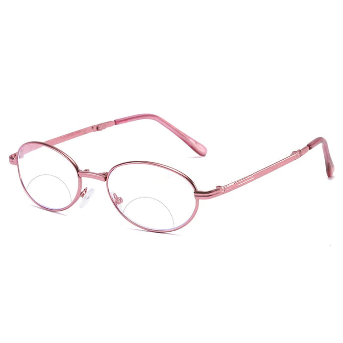 Women's bifocal reading glasses with anti-blue light, folding case, oval pink, for presbyopia.