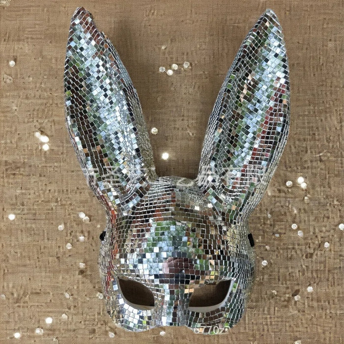 Disco Mirror Bunny Mask Sparkling Costume Accessory For Women Teens Halloween Party Rave Cosplay Glam Sexy Club Night Photo Prop