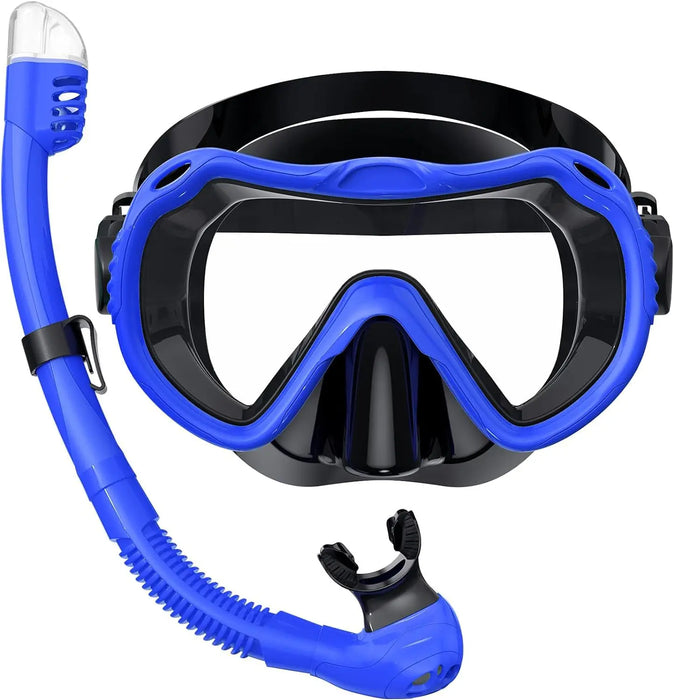 Dry Top Anti-Leak Snorkel Set, Adult Anti-Fog Tempered Glass Mask SoftSiliconeSnorkelTubeforOceanSnorkelingSwimmingBeachVacation