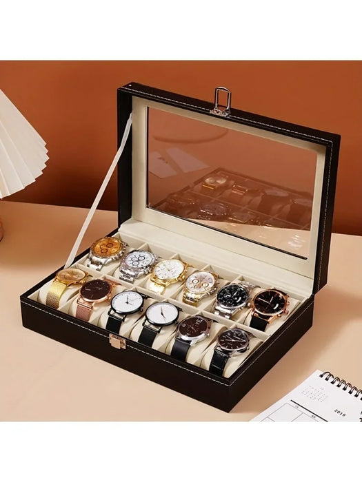 Estuche expositor de relojes de cuero sintético con 12 ranuras, organizador de relojes de 1 pieza con cerradura y almohadas extraíbles para hombres, regalo de viaje