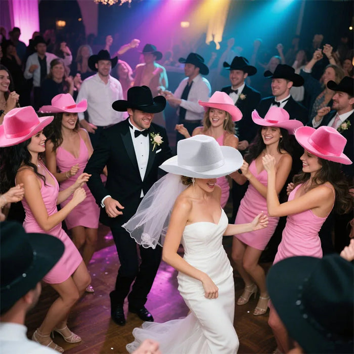 Lot de 5-12 Chapeaux de cow-girl/cowboy pour enterrement de vie de jeune fille, mariage, avec bandana en strass et lunettes en forme de cœur pour une dernière soirée disco