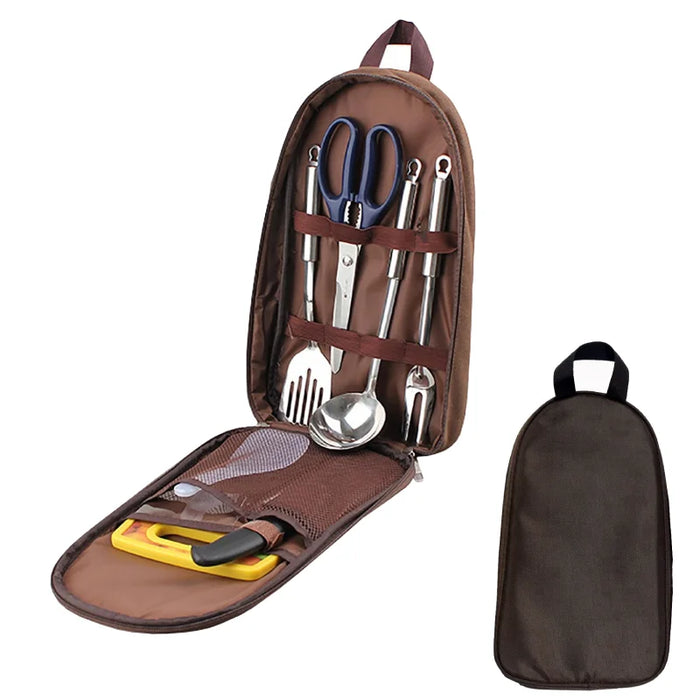 Juego de utensilios de cocina de camping de 7 piezas con bolsa de transporte para barbacoa, playa, senderismo, viajes, organizador, almacenamiento, utensilios de cocina, equipo