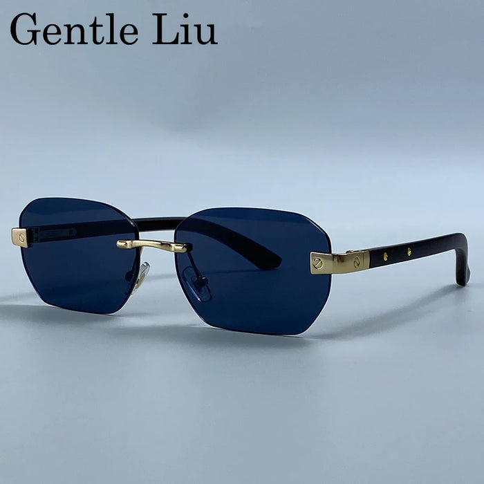 Gafas de sol pequeñas cuadradas sin montura para hombre 2026, de lujo, de diseñador, vintage, poligonales, rectangulares, con montura metálica dorada, estilo retro