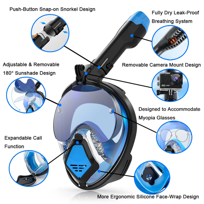JUNHAIINS 180° View Full Face Snorkel Mask Scuba Diving Mask for Adult Goggles Underwater Transparent Swimming Sunshade Lens