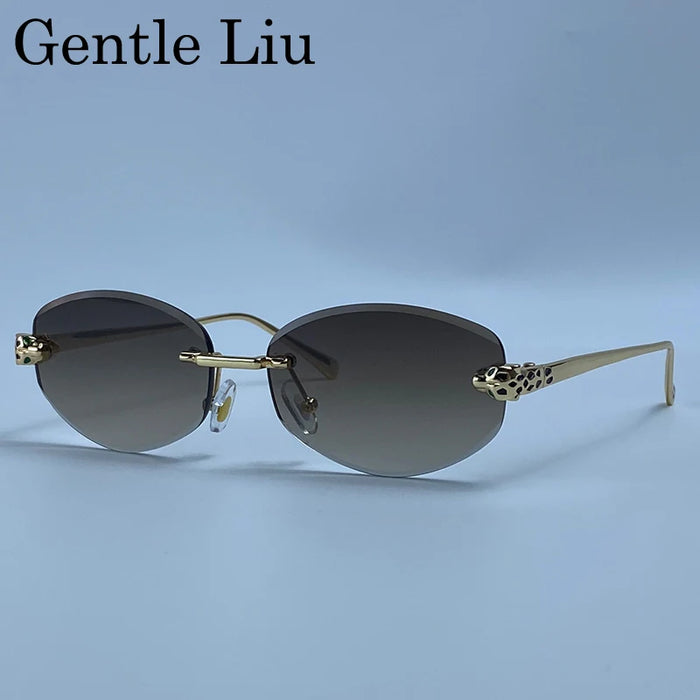 Rimless Leopard Head Sunglasses Men Luxury Designer Vintage Small Oval Sun Glasses Male Metal Frame Eyewear Retro Driving Shades