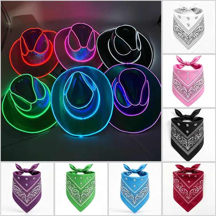 Juego de sombrero de vaquero que brilla con alambre EL, pañuelo cuadrado, luz de neón, sombrero para mujeres y hombres, fiesta de Halloween, disfraz de cosplay