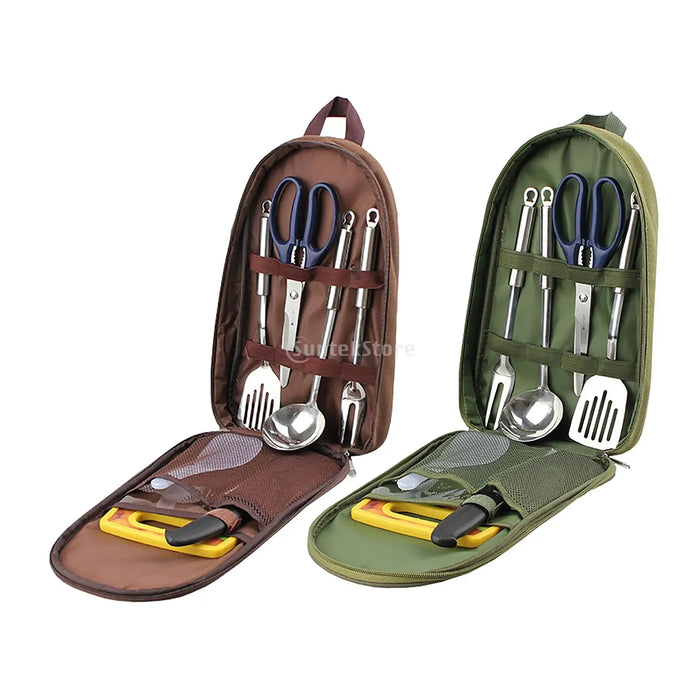 Juego de utensilios de cocina de camping de 7 piezas con bolsa de transporte para barbacoa, playa, senderismo, viajes, organizador, almacenamiento, utensilios de cocina, equipo