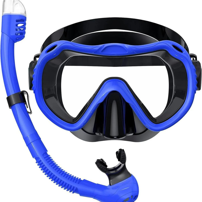 Dry Top Anti-Leak Snorkel Set, Adult Anti-Fog Tempered Glass Mask SoftSiliconeSnorkelTubeforOceanSnorkelingSwimmingBeachVacation