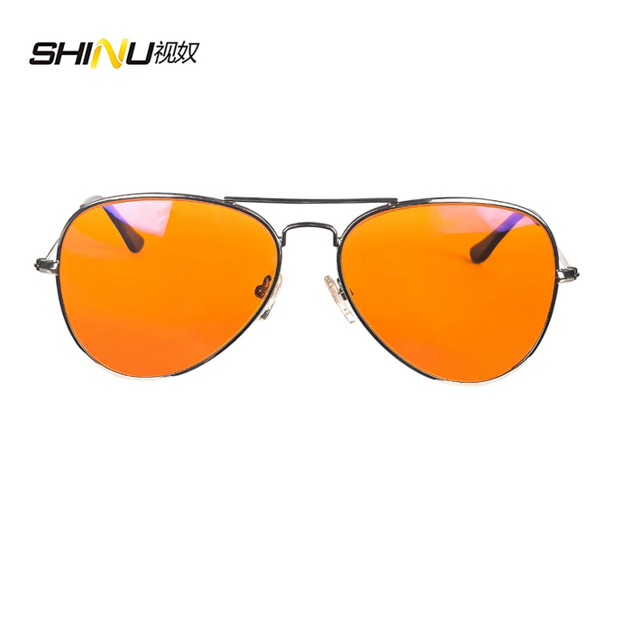 SHINU Gafas con lentes de bloqueo de luz azul para hombre, lentes naranjas, filtro de luz azul, mejor sueño y descanso, montura de metal