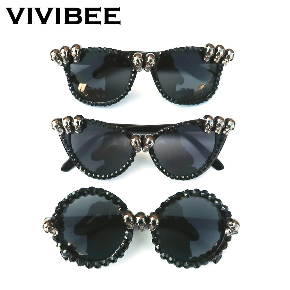 Women Vintage Skull Sunglasses Black Rhinestone Retro Cat Eye Sun Glasses for Ladies Round Gothic Halloween Shades