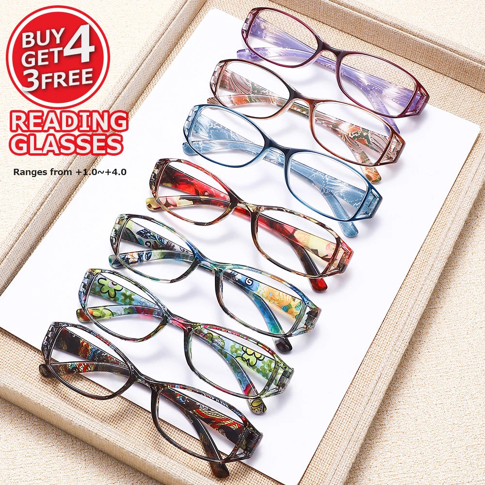 7 Pairs of Retro Colored Flower Anti Blue Light Reading Glasses, Home and Outdoor Multi Scene Elderly Glasses