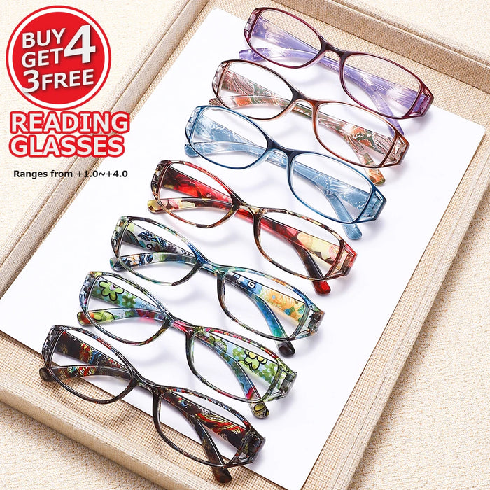 7 Pairs of Retro Colored Flower Anti Blue Light Reading Glasses, Home and Outdoor Multi Scene Elderly Glasses