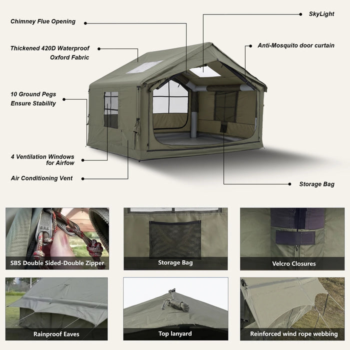 12'x10'Inflatable Camping Tent with Rainfly/Canopy for 4-6 Person,4 Season Blow up Tent with Pump Waterproof Easy Setup Air Tent