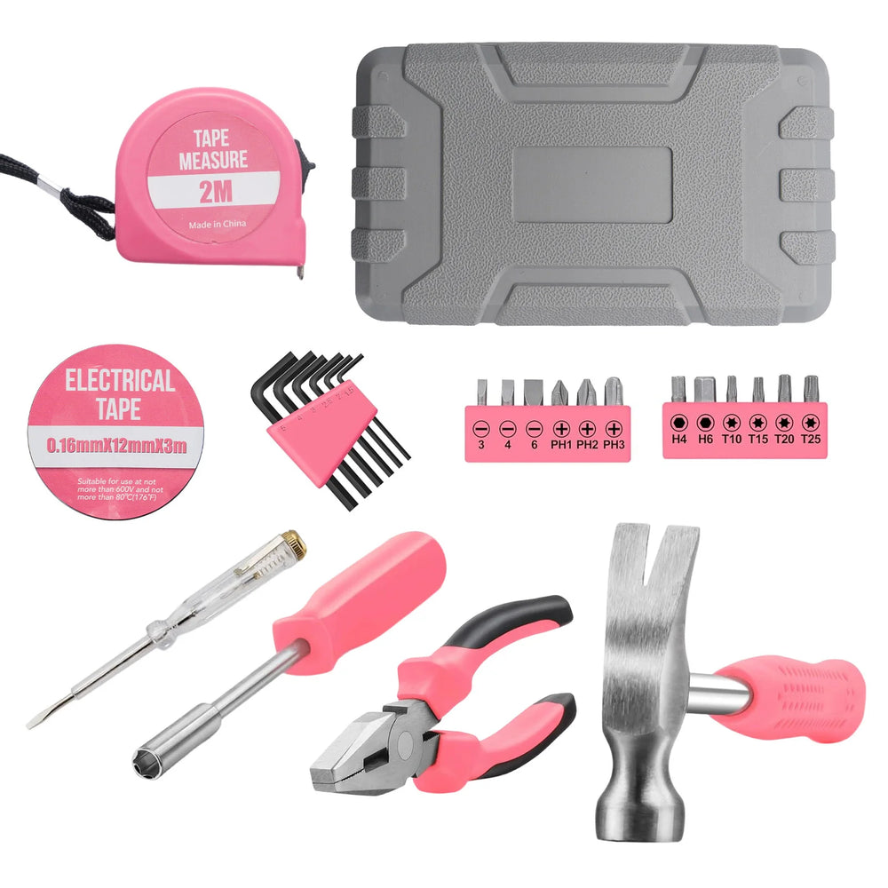 Pink Home Repair Tool Kit Portable Hand Tools Set with Hammer Vise Wrench Screwdriver for DIY Car Emergency