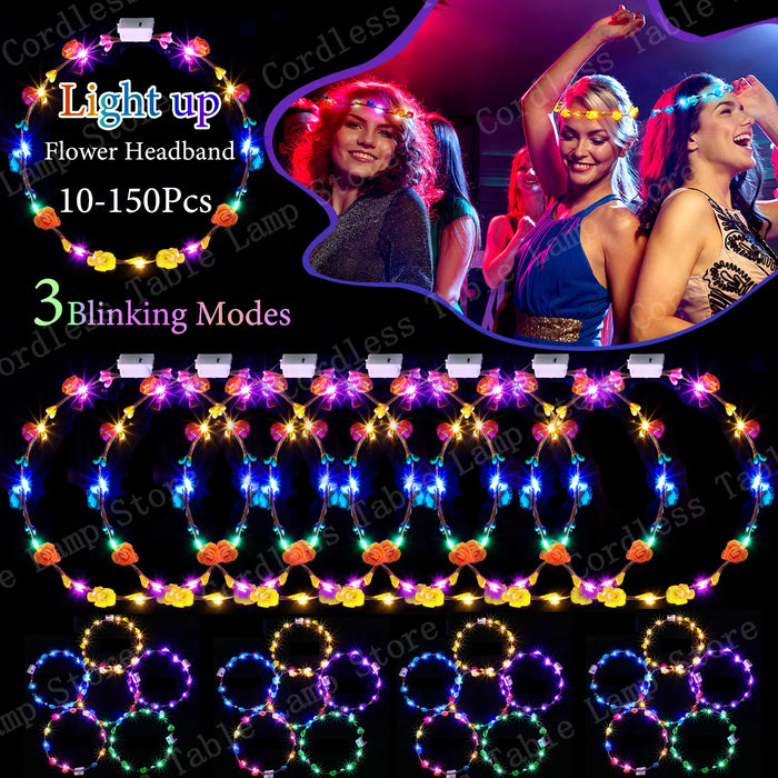 10-300Pcs LED Flower Crowns Light Up Headbands Glowing Flower Crown Garland Glow in the Dark Headband for Wedding Party favors