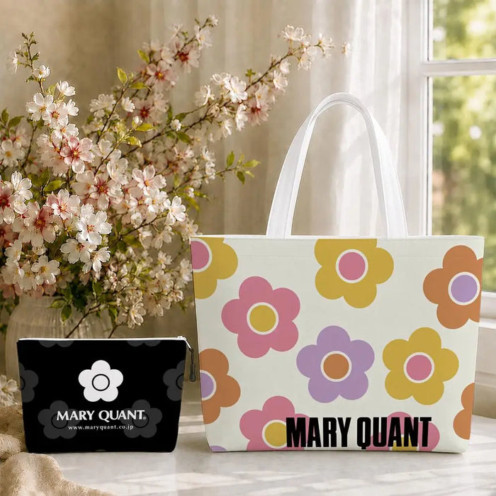 Fashion M-Mary Quant Storage Bags 2-Piece Canvas Tote Bag Set with Zipper Pouch Large Capacity Shopping Travel Bag