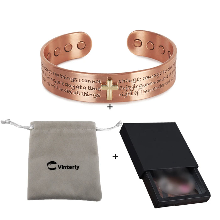 Pure Copper Bracelets for Men Cross Bible Adjustable Cuff Magnetic Bangles 15mm Arthritis Health High Magnet Jewelry Resizable