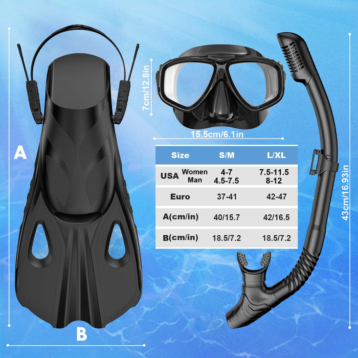 Mask Fins Snorkel Set 4 in 1 Panoramic View Dry Top Adjustable Short Dive Flippers Travel Bag Scuba Gear Diving Swimming Adults