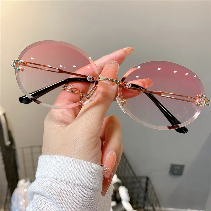 Fashion Rimless Sunglasses Women Classic Oval Cute Glasses Brand Vintage Small Rectangle Sun Glasses Female Eyewear Anti-Glare