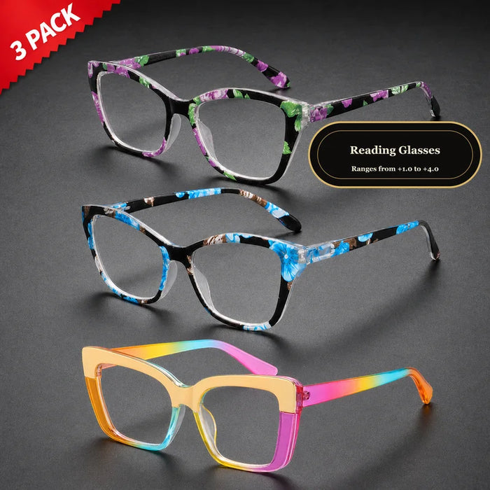 Lot de 3 lunettes de lecture œil-de-chat à fleurs pour femmes, ensemble de lunettes de presbytie tendance de couleurs dégradées et à motifs floraux mixtes