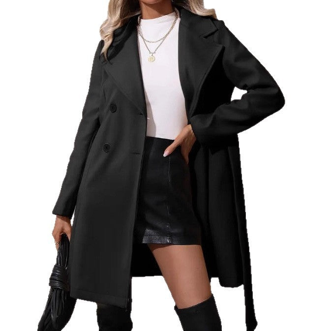 Women's Elegant Lace-up Solid Color Slim-fit Woolen Coat