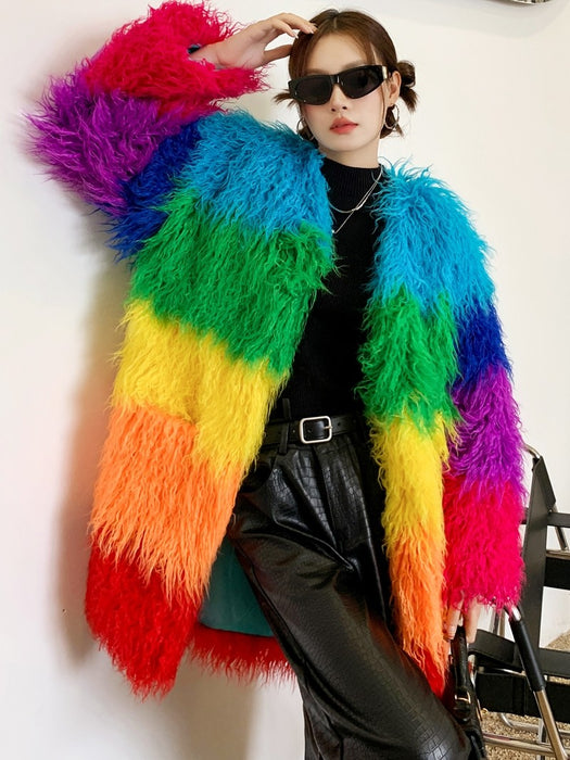 Manteau en patchwork de peluche contrastant, Manteau d'hiver en laine d'agneau