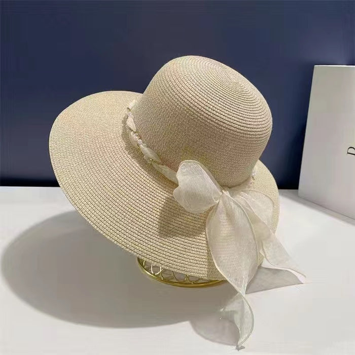 French Style Lace Strap Big Brim Beach Hat Seaside Play Straw Hat Female Sun-proof All-matching