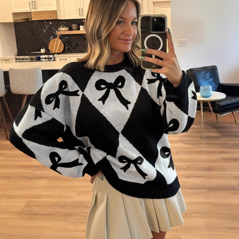 Pull tendance pour femme avec imprimé nœud et manches longues en tricot