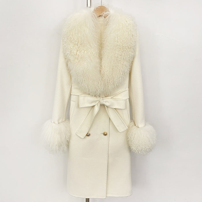 Long Double-faced Wool Coat With A Shearling Collar