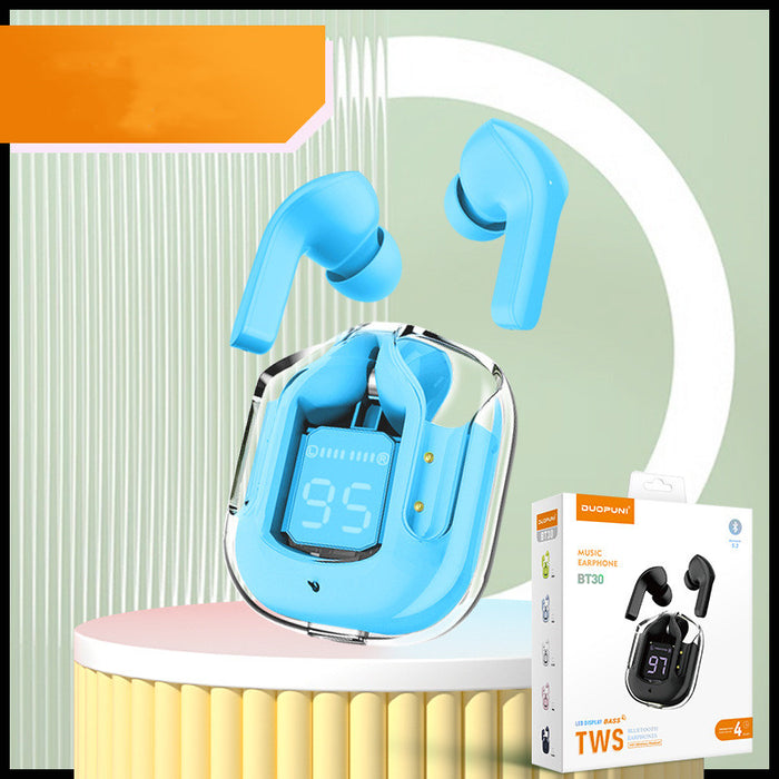 Nouveau mini casque Bluetooth sans fil transparent avec affichage numérique, réduction de bruit ENC et véritable technologie sans fil pour le sport et la musique.