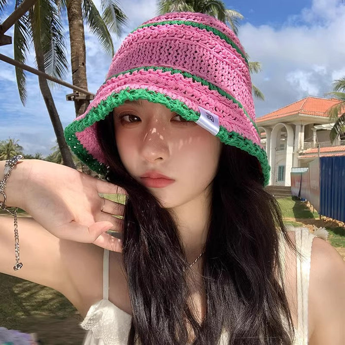 Color Matching Sweet Woven Straw Hat Female Beach Sun-proof Breathable Bucket Hat