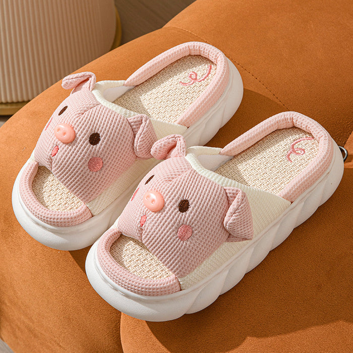 Pantuflas de lino y algodón con punta abierta de Piggy Cute Couple