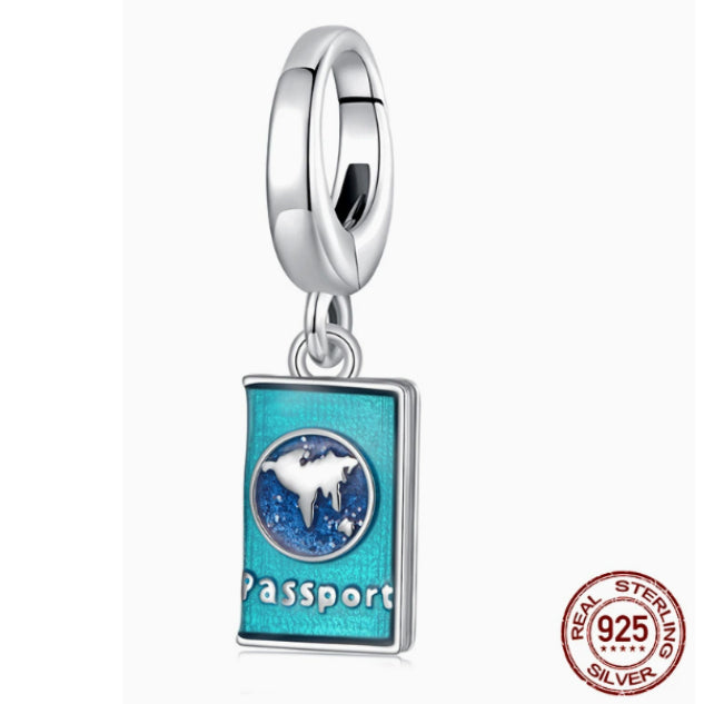 S925 Sterling Silver Beads Diy Ornament Buckle Openable Passport Pendant Global Travel Pendant