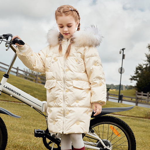 Children's Thickened Korean Large Fur Collar Medium Length Down Jacket