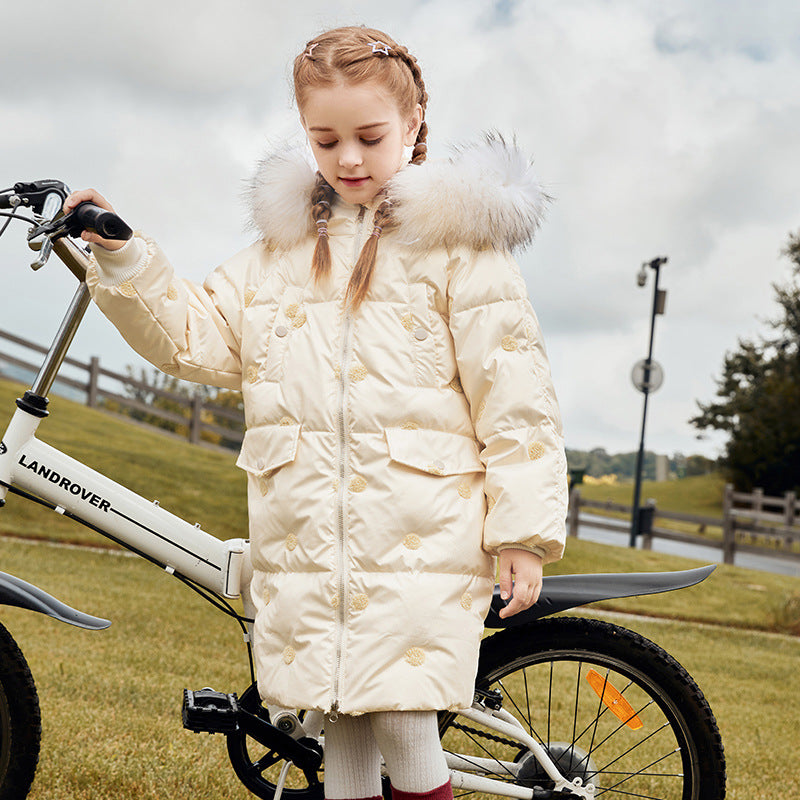Doudoune mi-longue épaisse coréenne à grand col en fourrure pour enfant