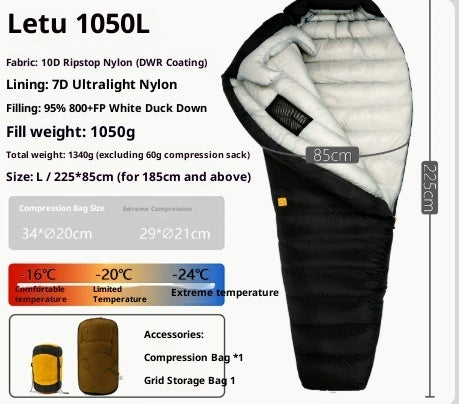 Saco de dormir ultraligero de plumón para acampar al aire libre