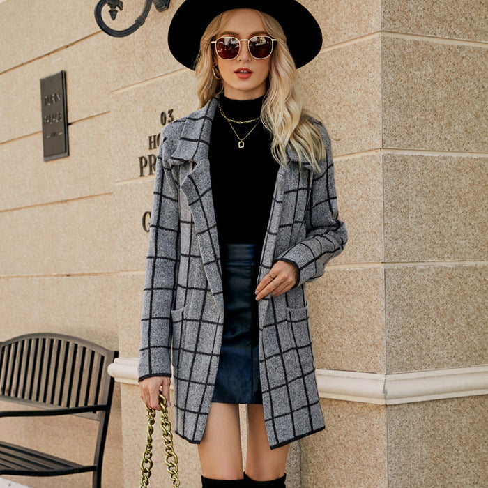 Long Sweater Contrast Houndstooth Knit Cardigan Trench Coat