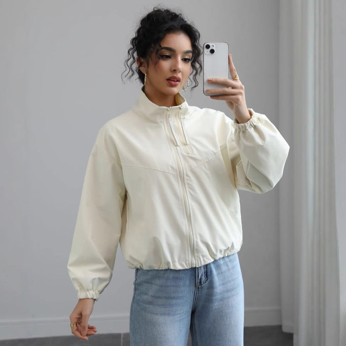 Women's Fashion Waterproof Jacket Short Stand Collar Thin Coat