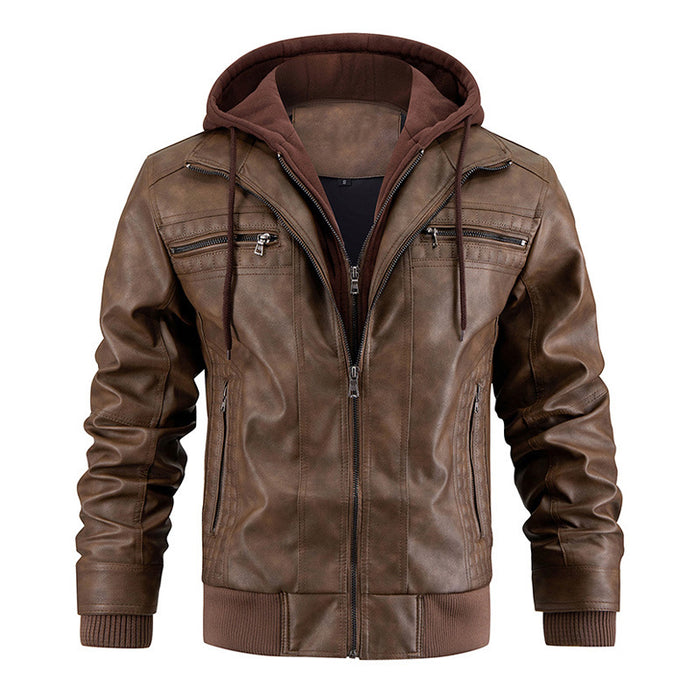 Chaqueta de cuero sintético para hombre, chaqueta de motocicleta, impermeable, a prueba de viento, de PU, estilo bombardero vintage con capucha extraíble 