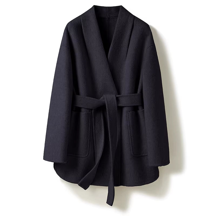 Camel-wool V-neck Wool Double-faced Wool Belted Coat